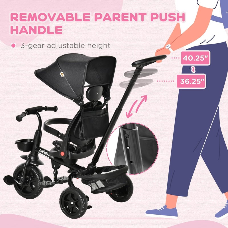 Qaba Kids Tricycle, 4 in 1 Foldable Trike with Reversible Seat, Adjustable Parent Handle, Safety Harness, Wheel Brakes, Removable Canopy, Storage, Tricycle for Toddlers 1-5 Years, Black - Image 5